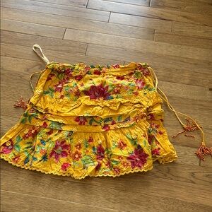 Farm Rio Yellow Floral Embroidered Ruffled Crop Top